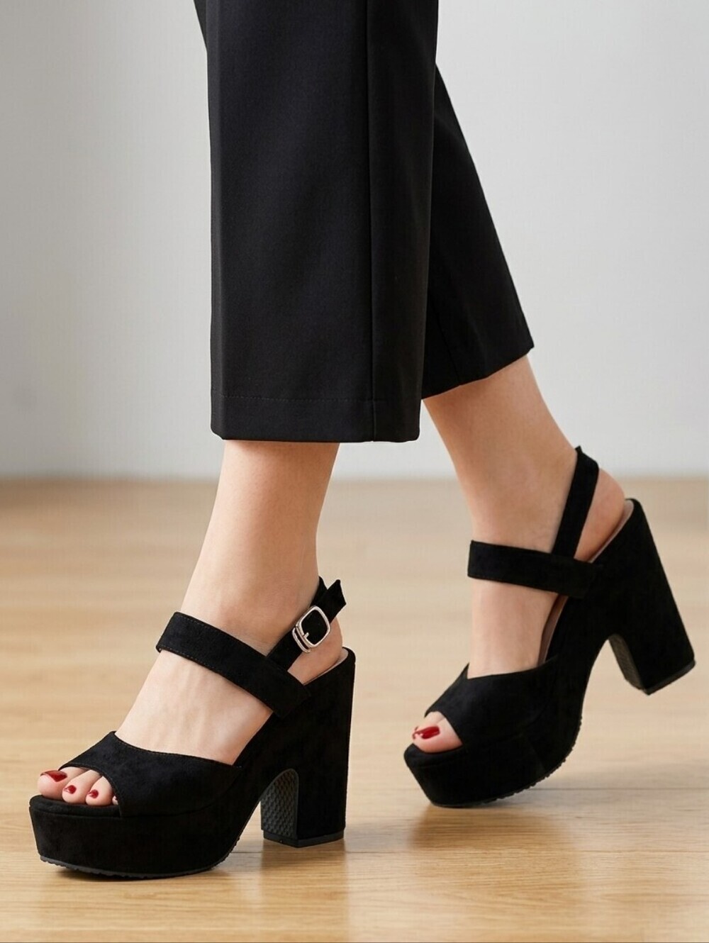 Retro Black Faux Suede Chunky Platform Sandals Open Toe Block Heel Y2K, EU 38